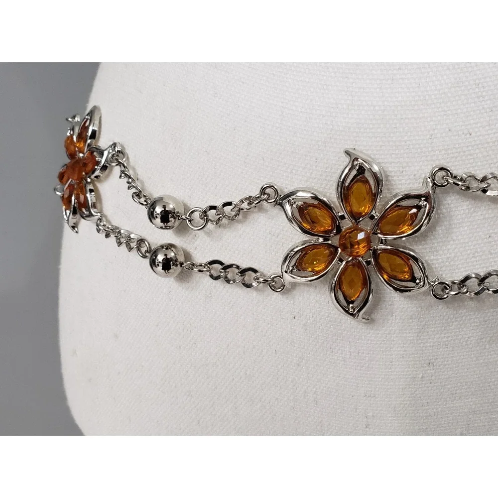 Vintage Y2K FLOWER LOTUS ORANGE RHINESTONE SILVER CHAIN BELT 90s 2000s